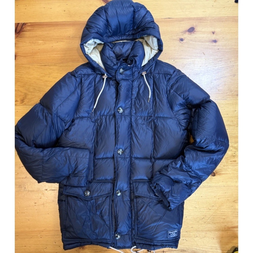 Y2K ERA Abercrombie & Fitch Womens Down Puffer Coat Jacket Hooded Navy Blue M - Picture 3 of 15